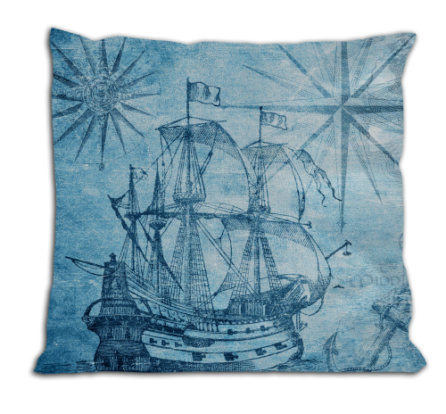 Okręt na niebieskim tle - poduszka z wypełnieniem