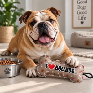 Zabawka dla psa w kształcie kości  „I ❤️ BULDOG” | Prezent dla psa