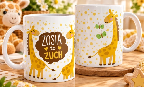 Personalizowany Kubek Ceramiczny Żółta Żyrafa z imieniem dziecka, kolorowe, personalizowane