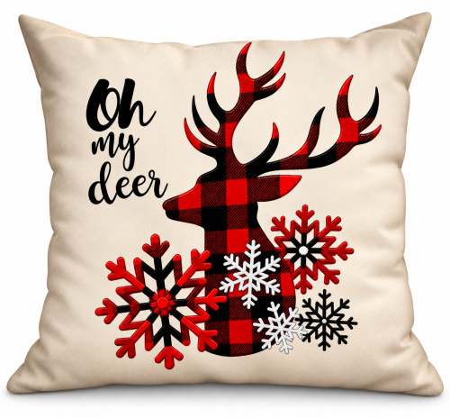 Poduszka świąteczna z reniferem w kratę i napisem Oh My Deer
