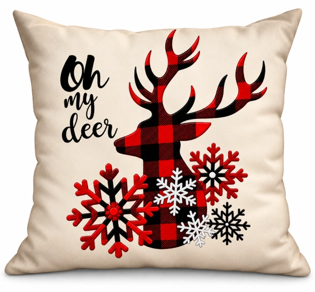 Poduszka świąteczna z reniferem w kratę i napisem Oh My Deer