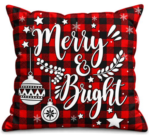 Poduszka świąteczna Merry &amp; Bright w czerwono-czarną kratę z białymi ozdobami