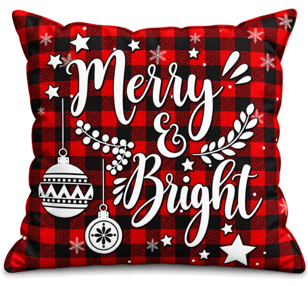 Poduszka świąteczna Merry &amp; Bright w czerwono-czarną kratę z białymi ozdobami