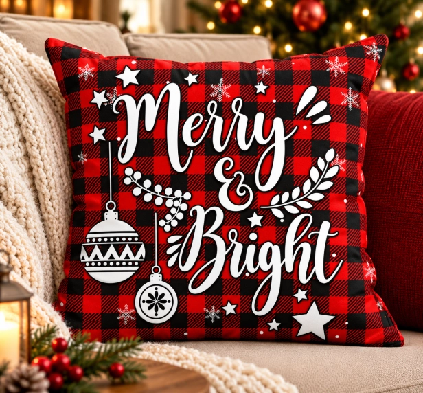 Poduszka świąteczna Merry &amp; Bright na kanapie w świątecznym salonie