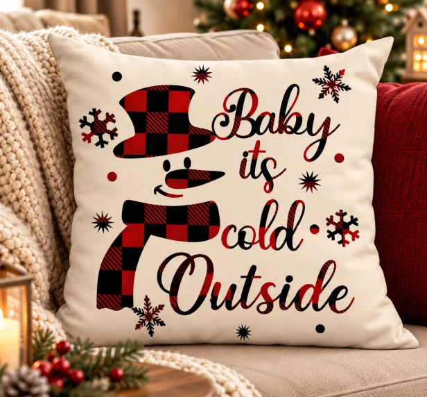 Poduszka Baby, It’s Cold Outside na kanapie w przytulnym salonie