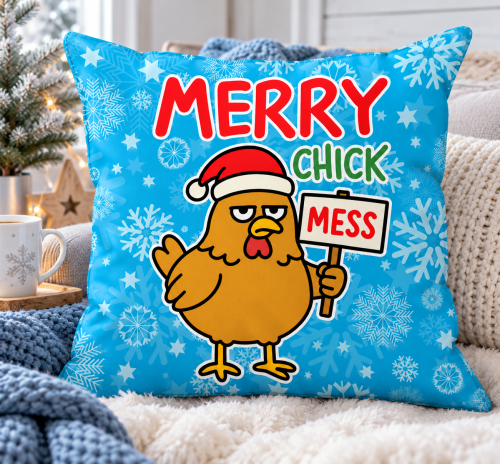 Poduszka Merry Chick Mess z zabawną kurą na kanapie w salonie