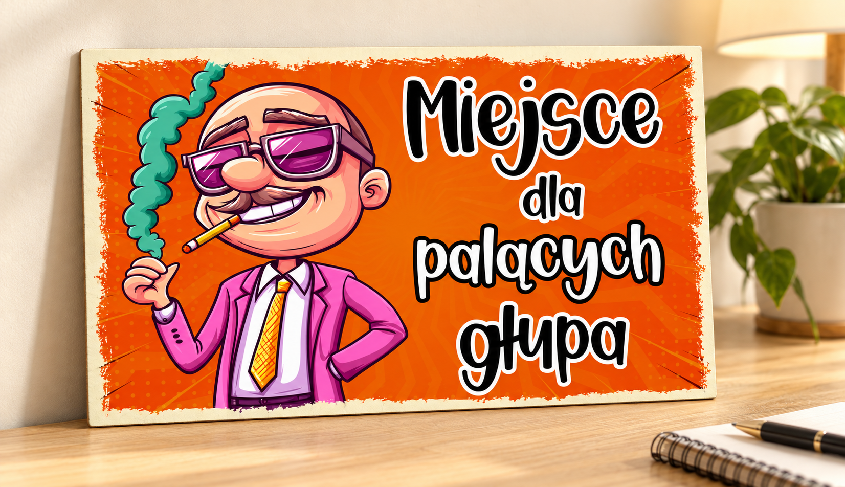 Pomarańczowa tabliczka na drewnianym biurku.png