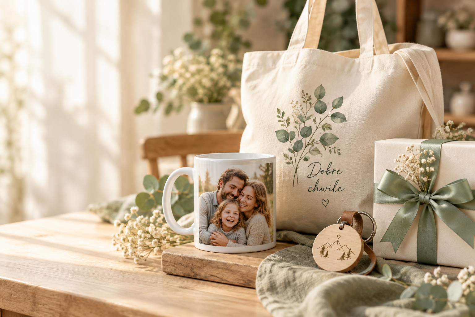 Kubek ze zdjęciem rodziny, torba i drewniany brelok — inspiracje na osobisty prezent